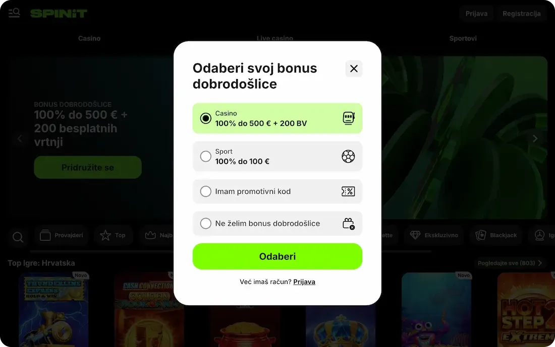 spinit casino bonus dobrodošlice